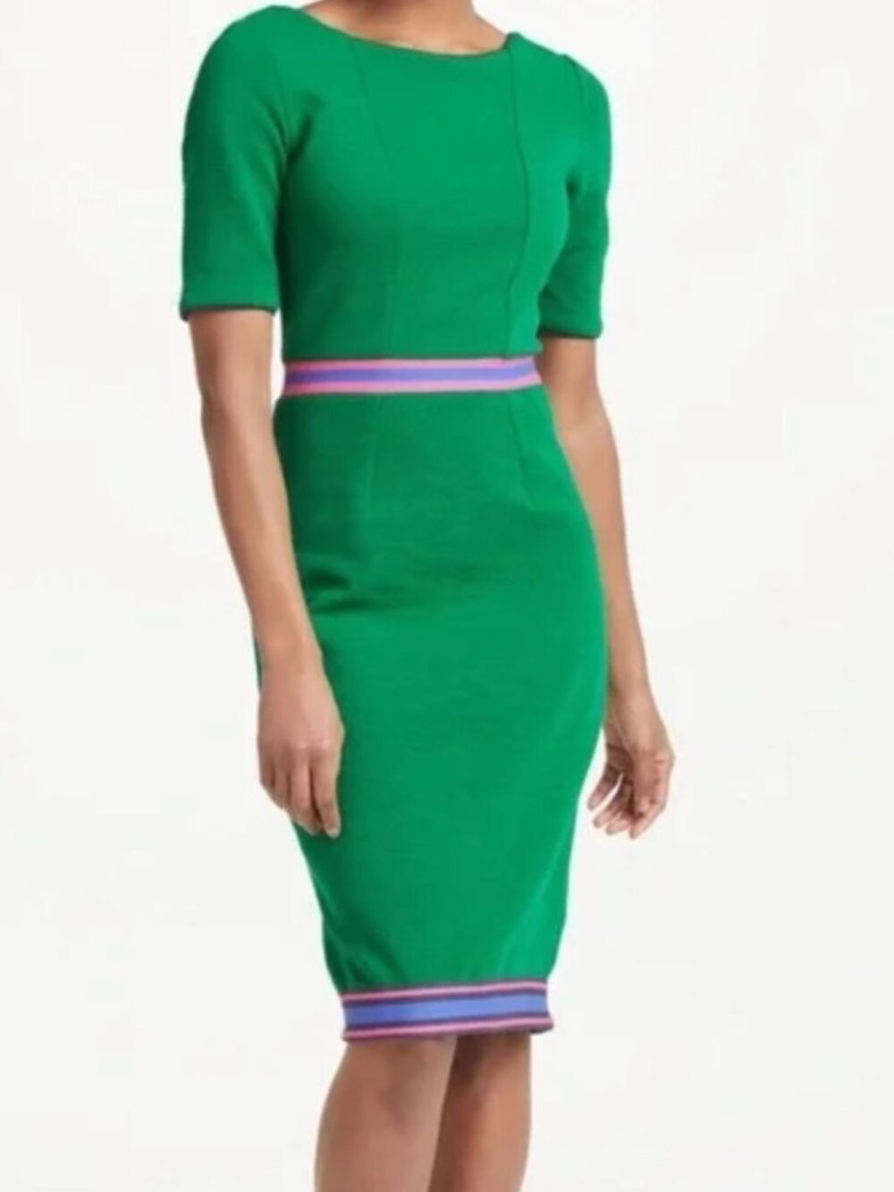 Boden Kaia Dress in Green with Navy, Purple & Pink Trim